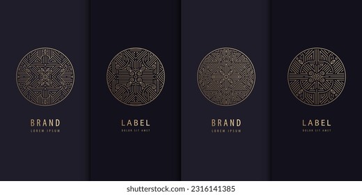 Vector set of golden label design patterns. Circle art deco logos, cosmetic, chocolate, tea, wine package. Luxury royal style, vintage fancy signs, premium design