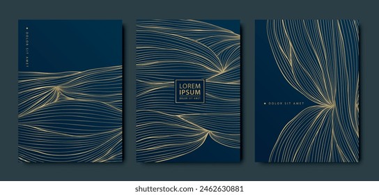 Conjunto de Vector de fondos de lujo de hoja de oro, ondear tarjeta elegante, línea floral abstracta dibujada a mano volantes. Boda, folletos de cumpleaños con motivos japoneses, pósters negros. 