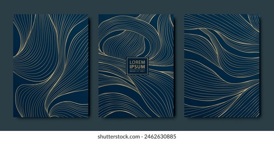 Conjunto de Vector de fondos de lujo de hoja de oro, ondear tarjeta elegante, línea floral abstracta dibujada a mano volantes. Boda, folletos de cumpleaños con motivos japoneses, pósters negros. 