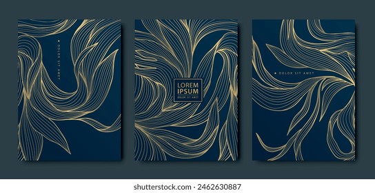 Conjunto de Vector de fondos de lujo de hoja de oro, ondear tarjeta elegante, línea floral abstracta dibujada a mano volantes. Boda, folletos de cumpleaños con motivos japoneses, pósters negros. 