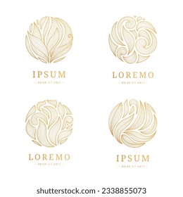 Conjunto vectorial de hojas doradas de lujosos logos lineales de planta. Emblemas orgánicos de círculo. Insignias abstractas para cafés, cosméticos, conceptos ecológicos, salud, spa, centro de yoga. Ornamento real
