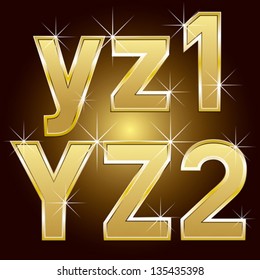 Vector set of golden letters and numbers big and small