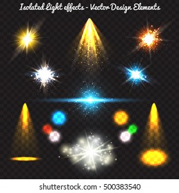 Vector set of golden light effects, lens flare, light beams, spotlight, flash light in dark background for festive celebrations - New year, christmas, birthday, carnival