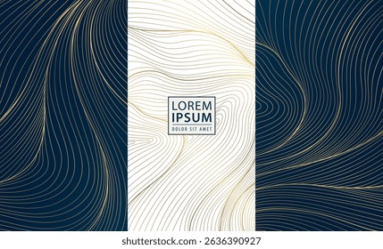 Vector set of golden line wave backgrounds, abstract luxury label package, water premium japanese element. Glitter box design, art deco template