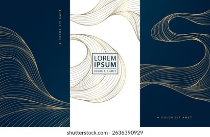 Vector set of golden line wave backgrounds, abstract luxury label package, water premium japanese element. Glitter box design, art deco template
