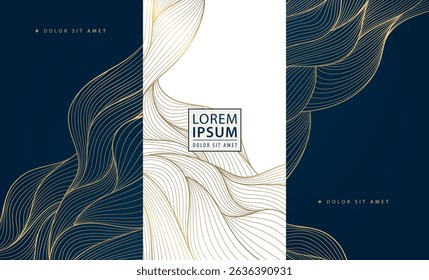Vector set of golden line wave backgrounds, abstract luxury label package, water premium japanese element. Glitter box design, art deco template