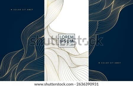 Vector set of golden line wave backgrounds, abstract luxury label package, water premium japanese element. Glitter box design, art deco template