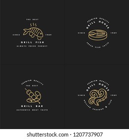 Vector set of golden logos design and templates for grill house. Fish meat emblems or badges of steak, octopus. shrimp