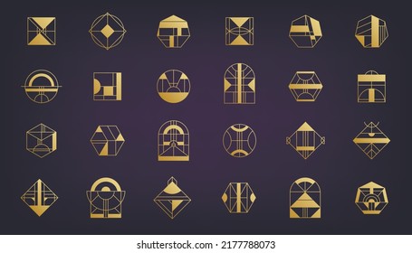 Conjunto vectorial de logos de arte deco de lujo dorado, iconos abstractos geométricos de oro. Estilo moderno lineal. Círculo, triángulo, formas lineales de polígono. Azteca, magia, iconos esotéricos, geometría sagrada