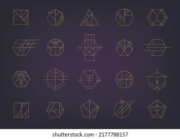 Vector set of golden luxury art deco logos, gold geometric abstract icons. Linear modern style. Circle, triangle, polygon linear shapes. Aztec, magic, esoteric icons, sacred geometry