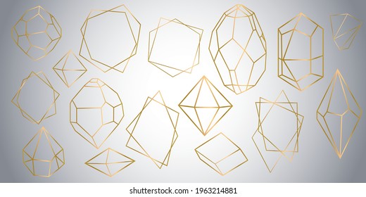 Vector set of golden luxury crystal diamonds shapes.Border Collection for Card.Geometric Premium Glitter Background, Polygon mosaic shape amethyst gem quartz stone line art style