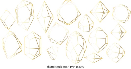 Vector set of golden luxury crystal diamonds shapes.Border Collection for Card.Geometric Premium Glitter Background, Polygon mosaic shape amethyst gem quartz stone line art style