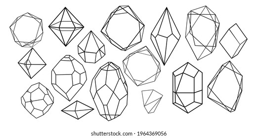 Vector set of golden luxury crystal diamonds shapes.Border Collection for Card.Geometric Premium Glitter Background, Polygon mosaic shape amethyst gem quartz stone line art style