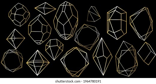 Vector set of golden luxury crystal diamonds shapes.Border Collection for Card.Geometric Premium Glitter Background, Polygon mosaic shape amethyst gem quartz stone line art style