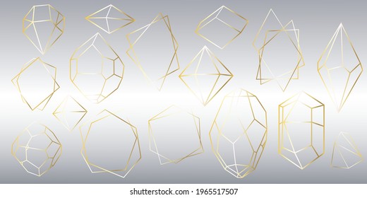 Vector set of golden luxury crystal diamonds shapes.Border Collection for Card.Geometric Premium Glitter Background, Polygon mosaic shape amethyst gem quartz stone line art style
