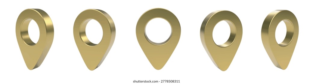 Vector set of golden map pointer pin shown from different angles and in positions. Glossy symbol, isolated 3d render. Realistic luxury gold metallic 3d location icon for navigation, GPS, direction.
