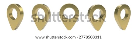 Vector set of golden map pointer pin shown from different angles and in positions. Glossy symbol, isolated 3d render. Realistic luxury gold metallic 3d location icon for navigation, GPS, direction.