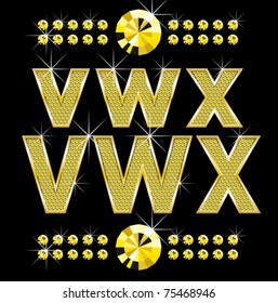 vector set of golden metal diamond letters and numbers big and small