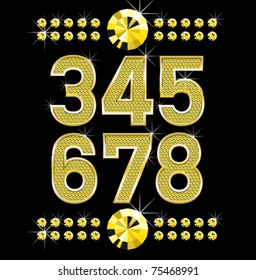 vector set of golden metal diamond letters and numbers big and small