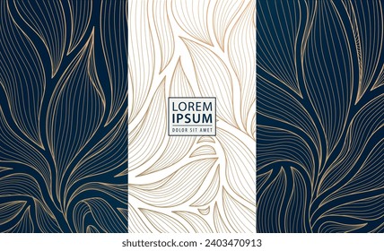 Vector set of golden motif backgrounds. Wine, perfume, cosmetics, spa, chocolate package ornament. Line leaves decoration, floral texture