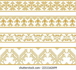 Vector set of golden native american ornamental seamless borders. Framework of the peoples of America, Aztecs, Maya, Incas.
