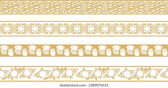 Vector set of golden Native American national borders. frames in the style of the Aztecs, Mayans, Incas.