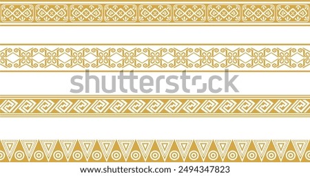 Vector set of golden native american ornamental seamless borders. Framework of the peoples of America, Aztecs, Maya, Incas.

