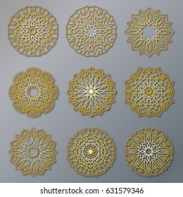 Vector set of golden oriental lacy round patterns. Circle illustrations for design template. Elements in Eastern style and Mandala decor.