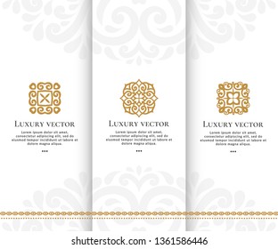 Vector set of golden ornament logo design template. Luxury vintage elements. Can be used as monogram and emblem. Great for wallpaper or background decoration.