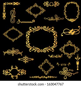 Vector set of golden ornate page decor elements: banners, frames, dividers, ornaments and patterns on dark background