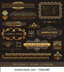 Vector set of golden ornate page decor elements: borders, banner, dividers, ornaments and patterns on wooden wall