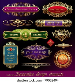 Vector set - golden ornate page decor elements:  banners, frames, dividers, ornaments and patterns on dark background