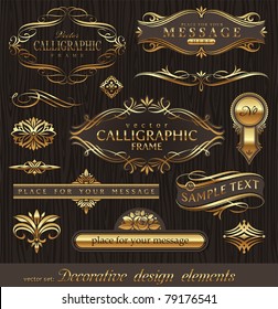 Vector set of golden ornate page decor elements:  banners, frames, dividers, ornaments and patterns on dark wood background