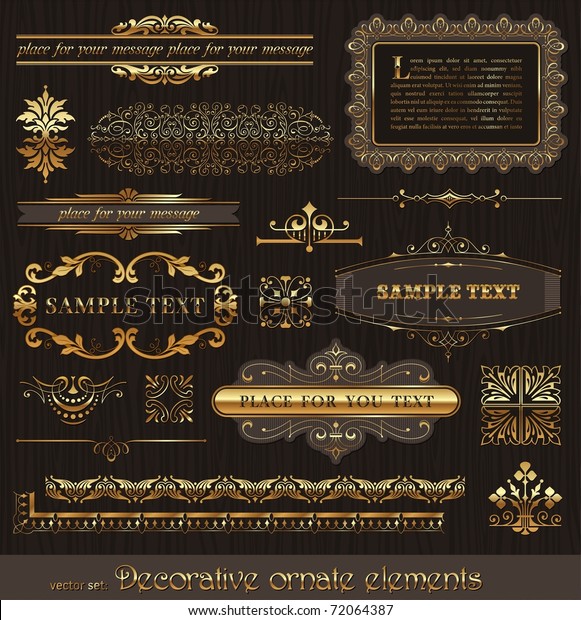 Vector
set of golden ornate page decor elements: borders, banner,
dividers, ornaments and patterns on wooden
wall