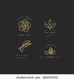 Vector set of golden packaging design templates and emblems - beauty and cosmetics oils - argan, rose, almond and tea tree. Logos in trendy linear style