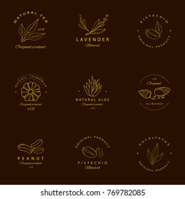 Vector set of golden packaging design templates and emblems. Argan, aloe, peanut, almond, eucalyptus, tea, chamomile and pistachio . Logos in trendy linear style