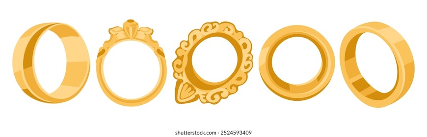 Vector set of golden rings isolated on white background.