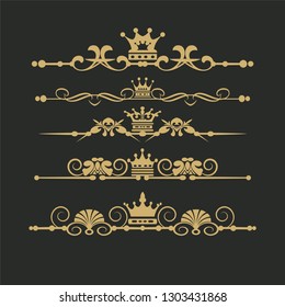 Vector set of Golden Royal elements for your design. Vintage gold elements on black background. Retro Victorian ornament for wedding invitation design. Christmas decoration