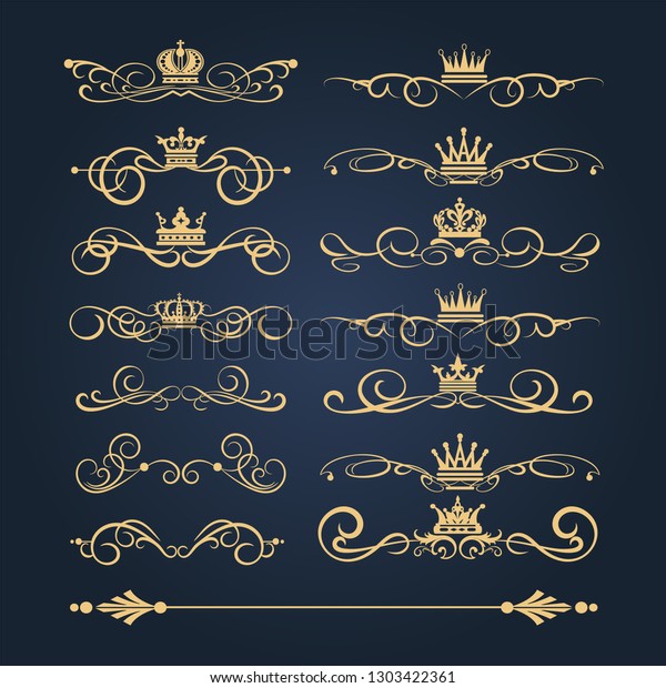 Vector\
set of Golden Royal elements for your design. Vintage gold elements\
on black background. Retro Victorian ornament for wedding\
invitation design. Elements of festive\
decoration