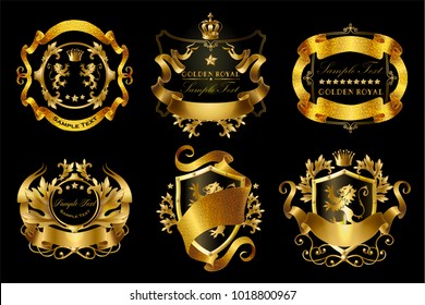 Vector set of golden royal stickers with crowns, shields, ribbons, lions, stars isolated on black background. Luxurious emblems with heraldic ornament, premium quality labels for brand promotion