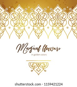 Vector set of golden seamless border, vignette for design template. Elements in Victorian style. Luxury floral frames. Ornate decor for invitations, greeting cards, certificate, thank you message.