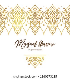 Vector set of golden seamless border, vignette for design template. Elements in Victorian style. Luxury floral frame. Ornate decor for invitations, greeting cards, certificate, thank you message.