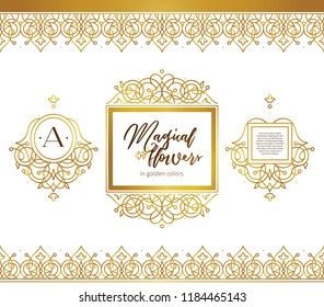 Vector set of golden seamless border, vignette for design template. Elements in Eastern style. Luxury floral frame. Ornate decor for invitations, greeting cards, certificate, thank you message.