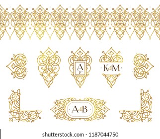 Vector set of golden seamless border, vignette for design template. Elements in Eastern style. Luxury floral frame. Ornate decor for invitations, greeting cards, certificate, thank you message.