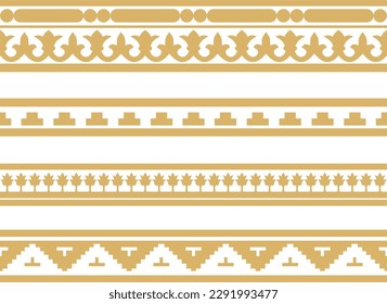 Vector set of golden seamless classic byzantine ornament. Endless border, Ancient Greece, Eastern Roman Empire frame. Decoration of the Russian Orthodox Church.
