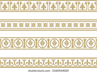 Vector set of golden seamless classic byzantine ornament. Endless border, Ancient Greece, Eastern Roman Empire frame. Decoration of the Russian Orthodox Church
