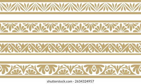 Conjunto vetorial de ornamento byzantine clássico sem costura dourado. Fronteira interminável, Grécia Antiga, quadro do Império Romano do Oriente. Decoração da Igreja Ortodoxa Russa
