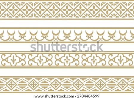 Vector set of golden seamless classic renaissance ornament. Endless european border, revival style frame
