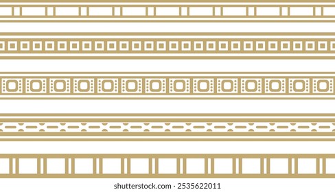 Vector set of golden seamless Egyptian borders. Endless Ornaments of Ancient Egypt. Geometric African frame.
