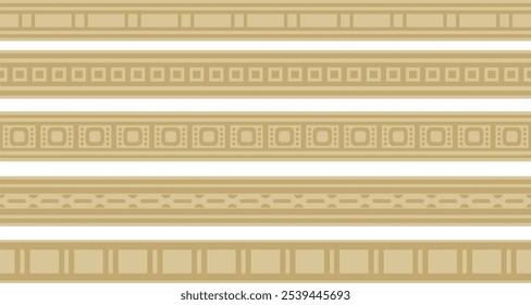 Vector set of golden seamless Egyptian borders. Endless Ornaments of Ancient Egypt. Geometric African frame.
